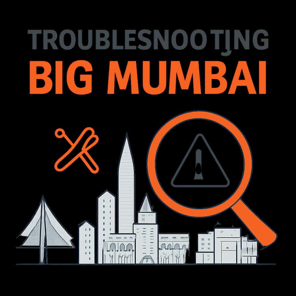 An educational diagram illustrating common troubleshooting steps for Big Mumbai, highlighting the text 'Troubleshooting Big Mumbai'.